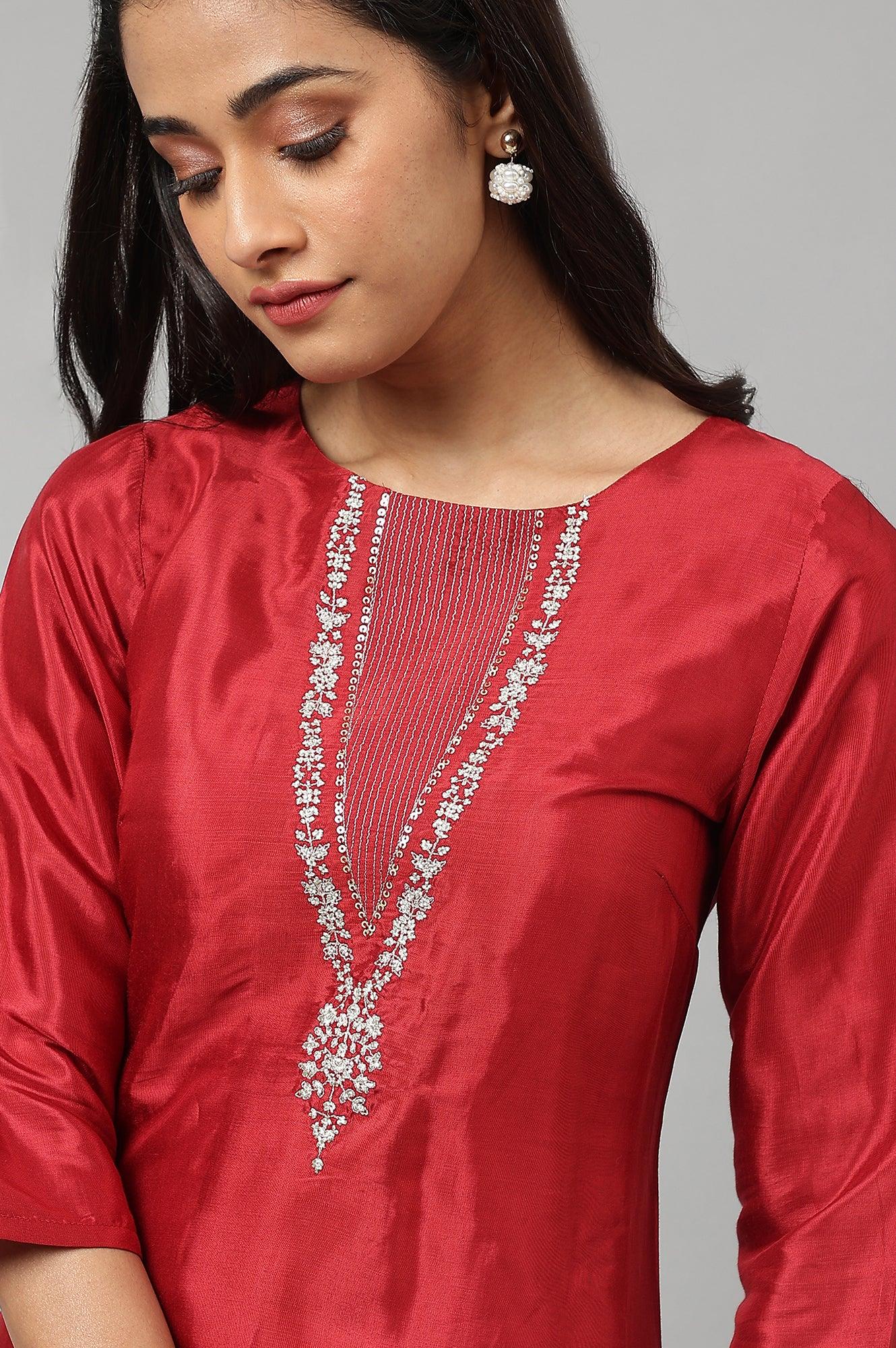 Deep Red Embroidered Festive kurta - wforwoman
