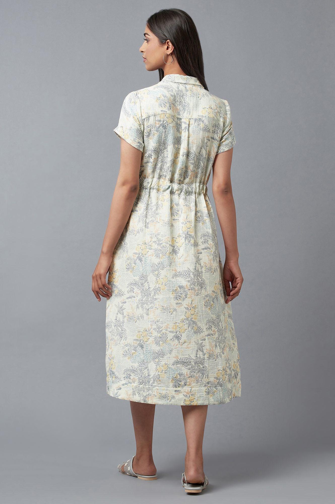 Light Blue A-Line Cotton Dress In Lapel Collar - wforwoman