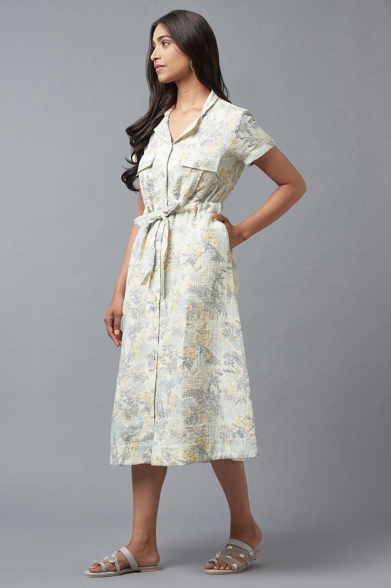 Light Blue A-Line Cotton Dress In Lapel Collar - wforwoman