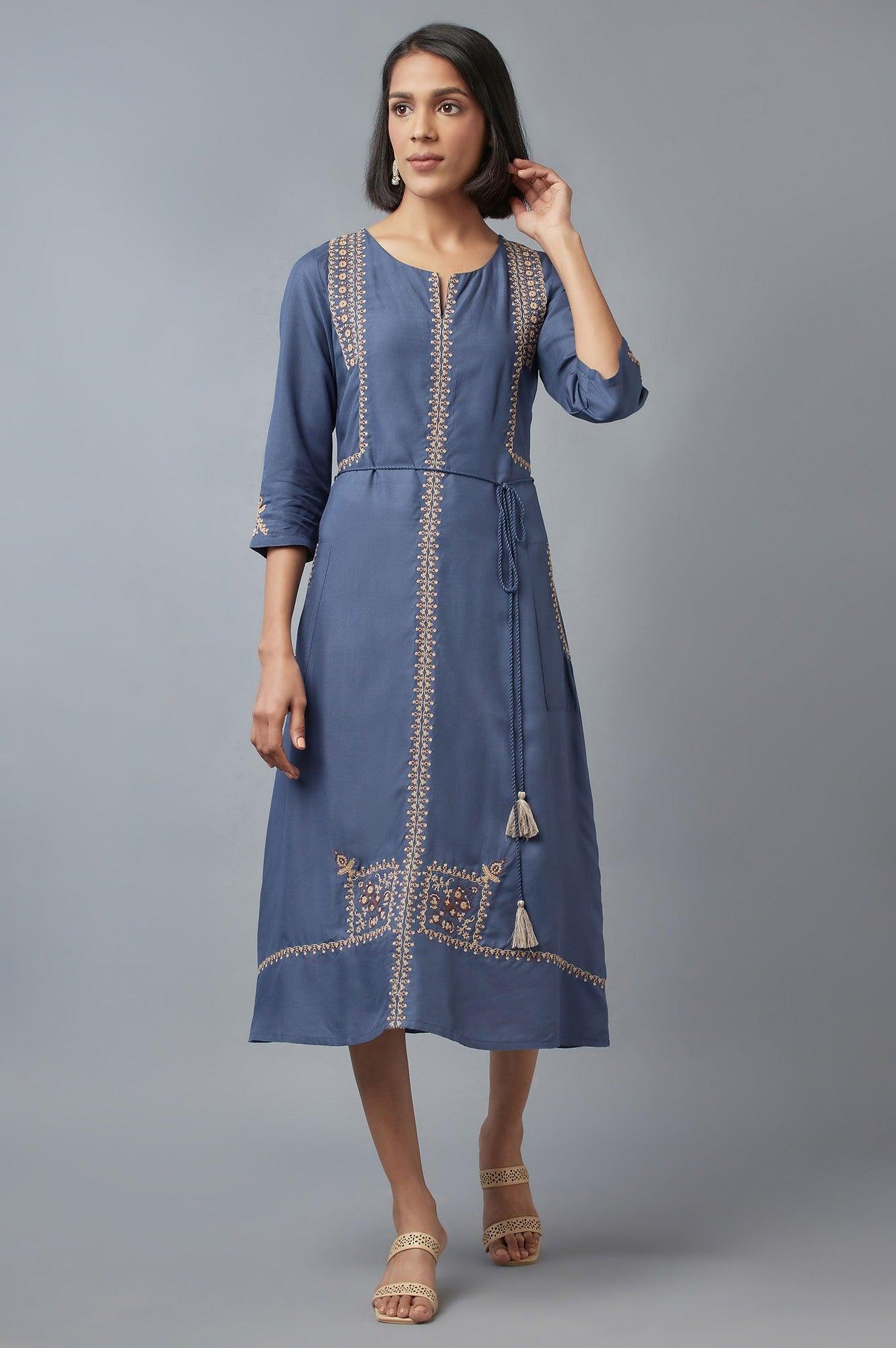 Steel Blue Embroidered Dress - wforwoman