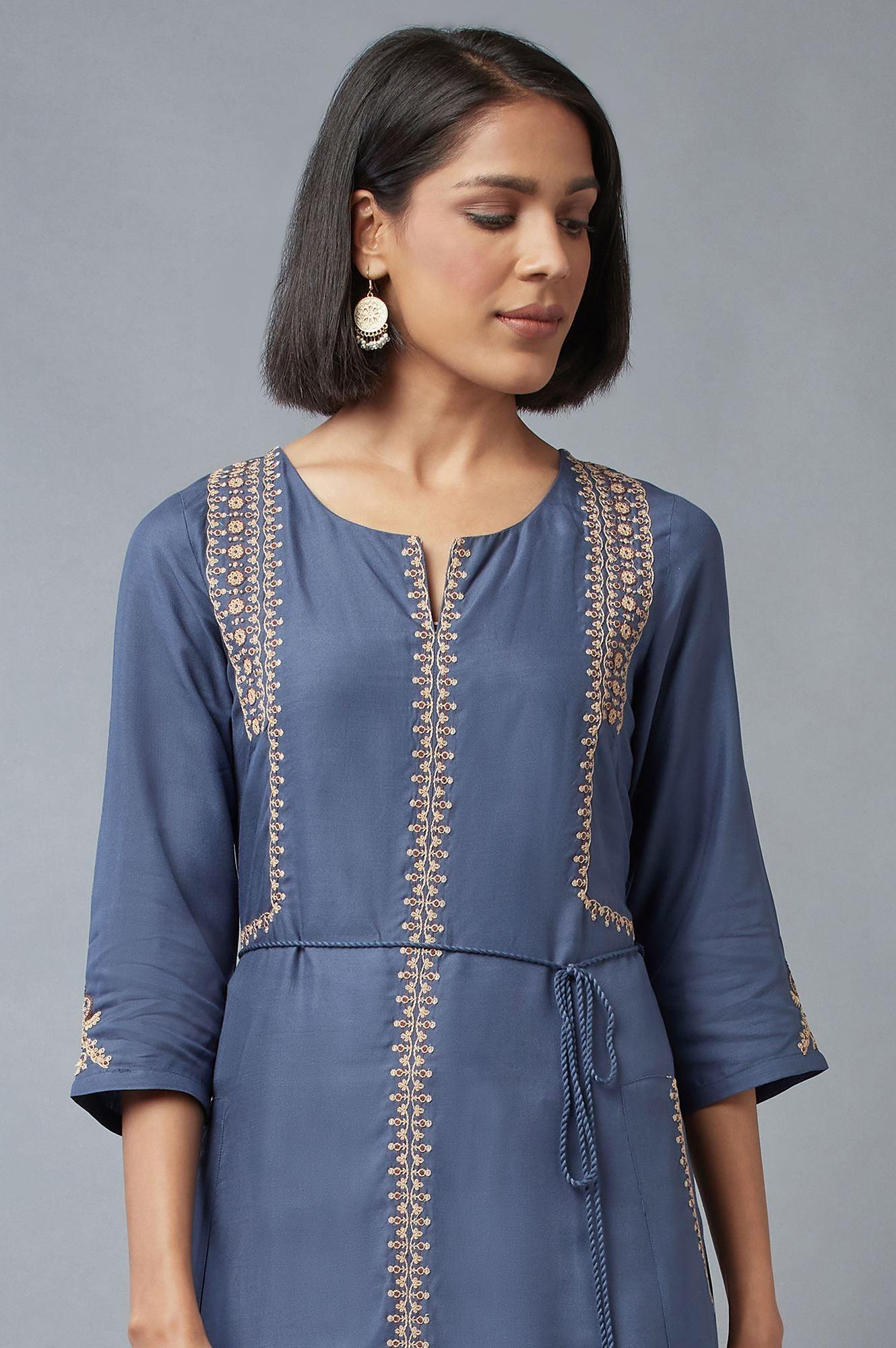 Steel Blue Embroidered Dress - wforwoman