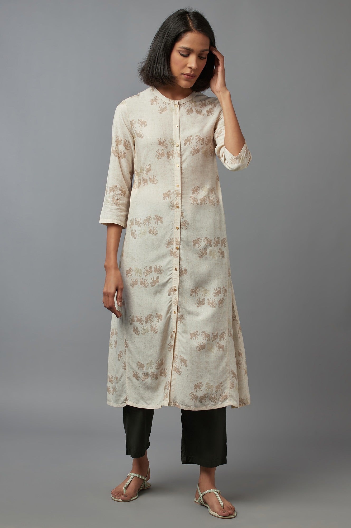 chinese dress ladies Buy Beige Cotton Front-Open Straight Kurta Online for Woman
