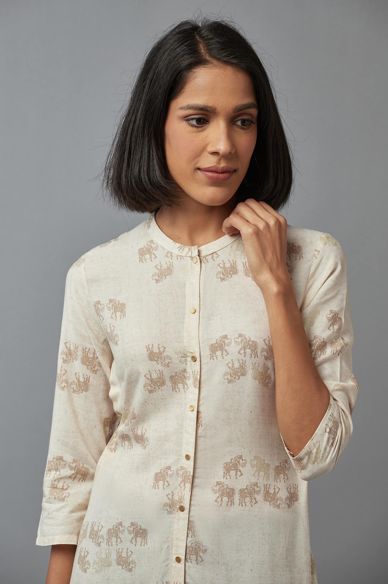 Beige Printed Rayon A-Line Kurta and Slim Pant Set