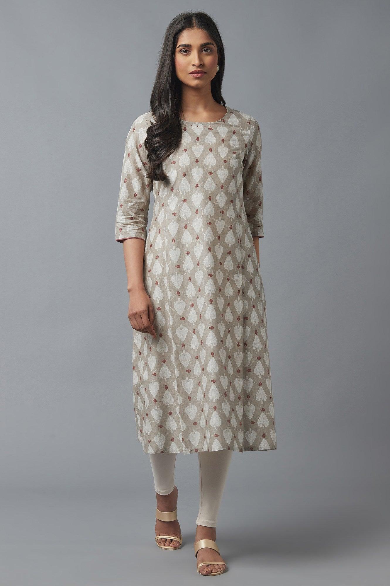 Light Brown A-line Printed kurta - wforwoman