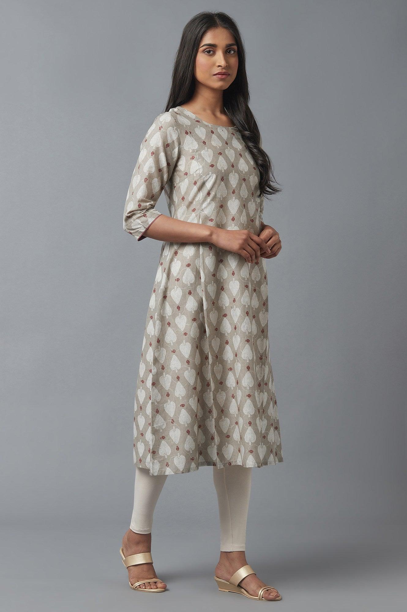 Light Brown A-line Printed kurta - wforwoman
