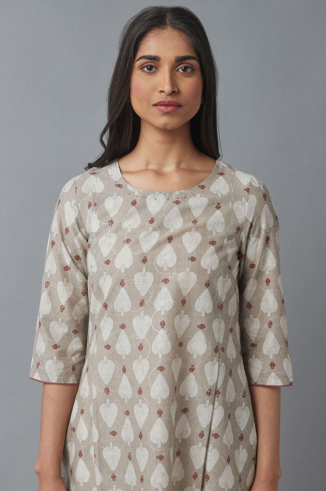 Light Brown A-line Printed kurta - wforwoman