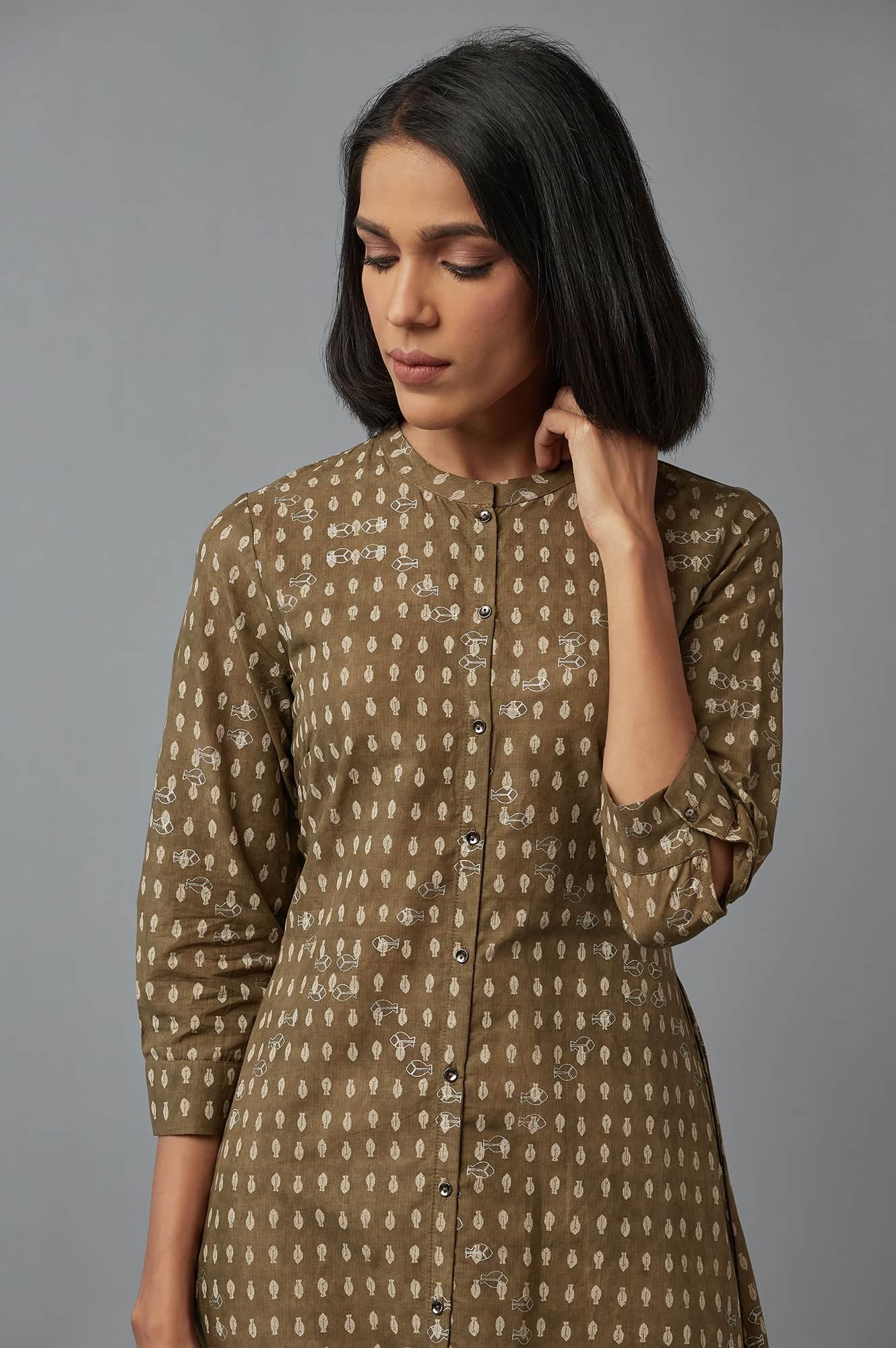 Olive Green Printed Button Down kurta - wforwoman
