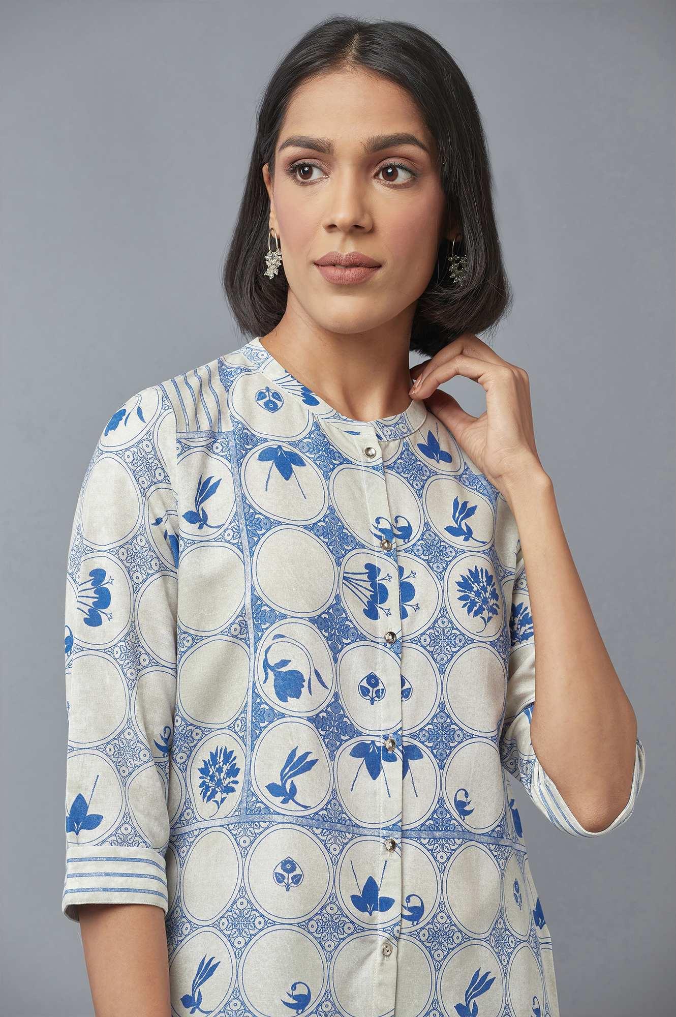 Blue and Ecru Printed kurta - wforwoman