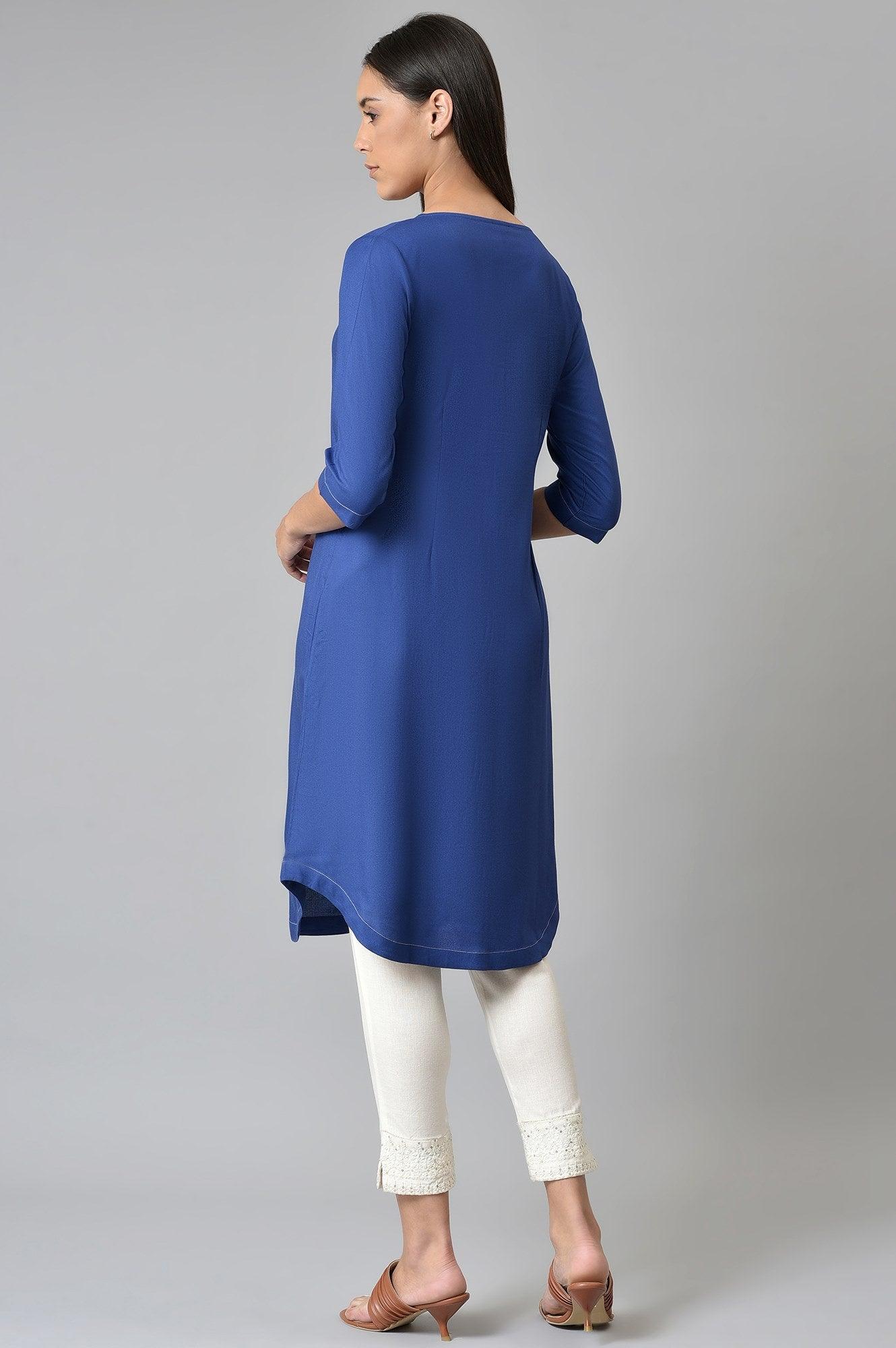 Blue Button Down kurta With Embroidery - wforwoman