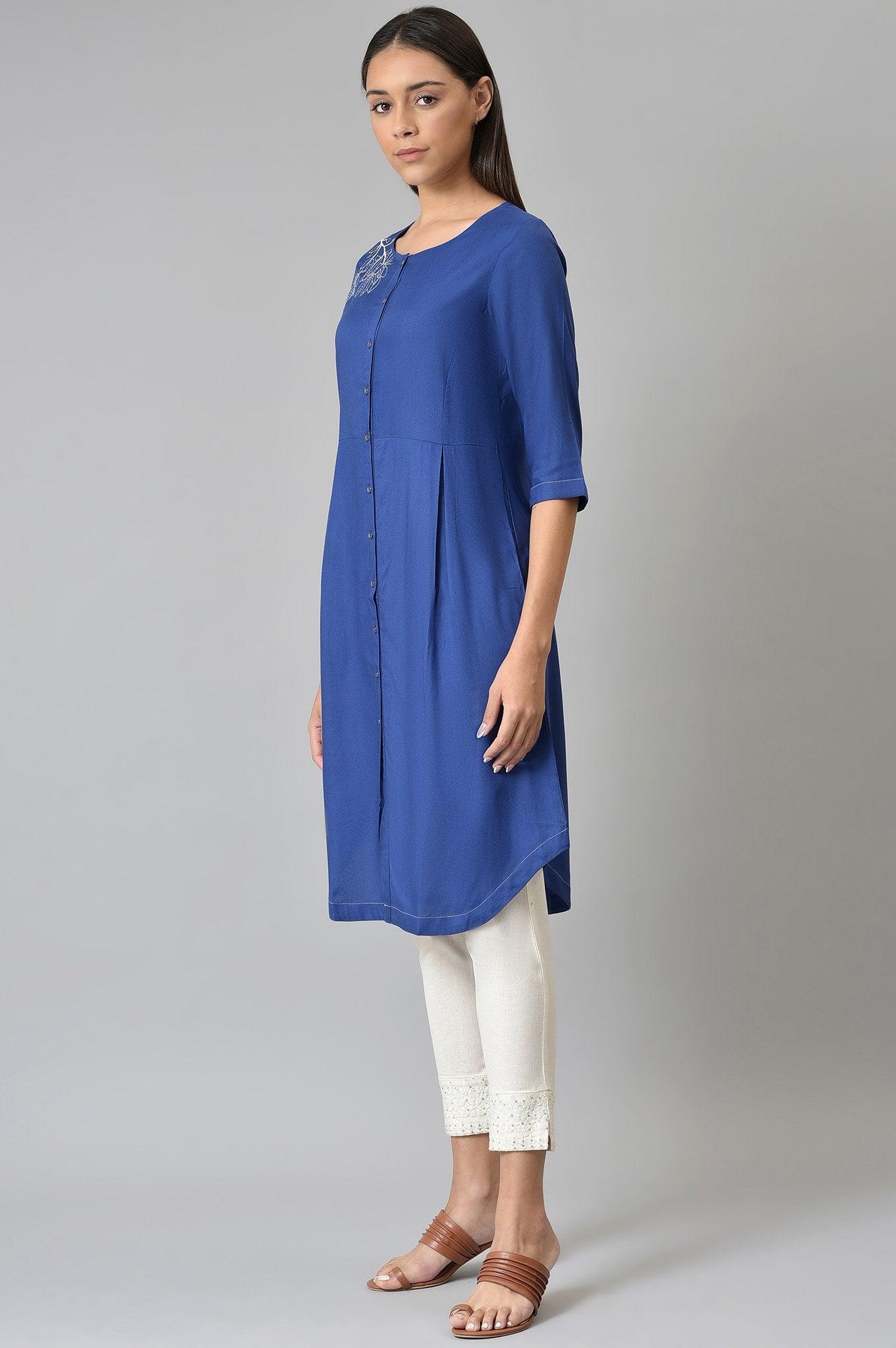 Blue Button Down kurta With Embroidery - wforwoman