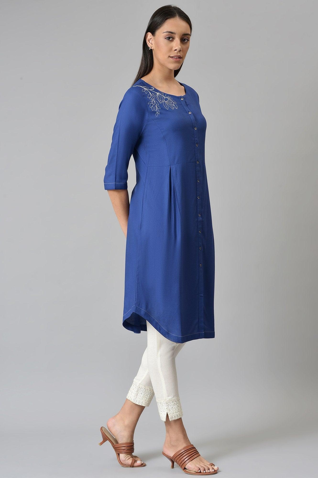 Blue Button Down kurta With Embroidery - wforwoman