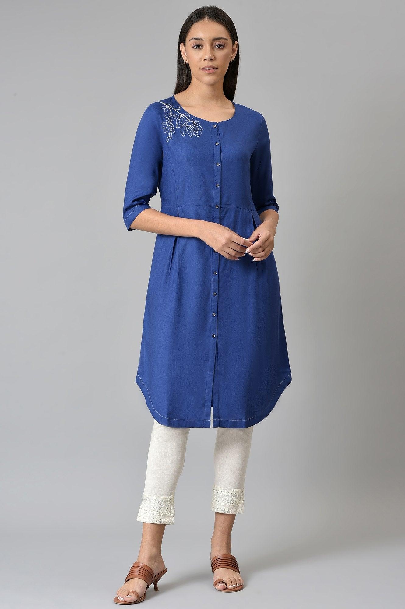Blue Button Down kurta With Embroidery - wforwoman