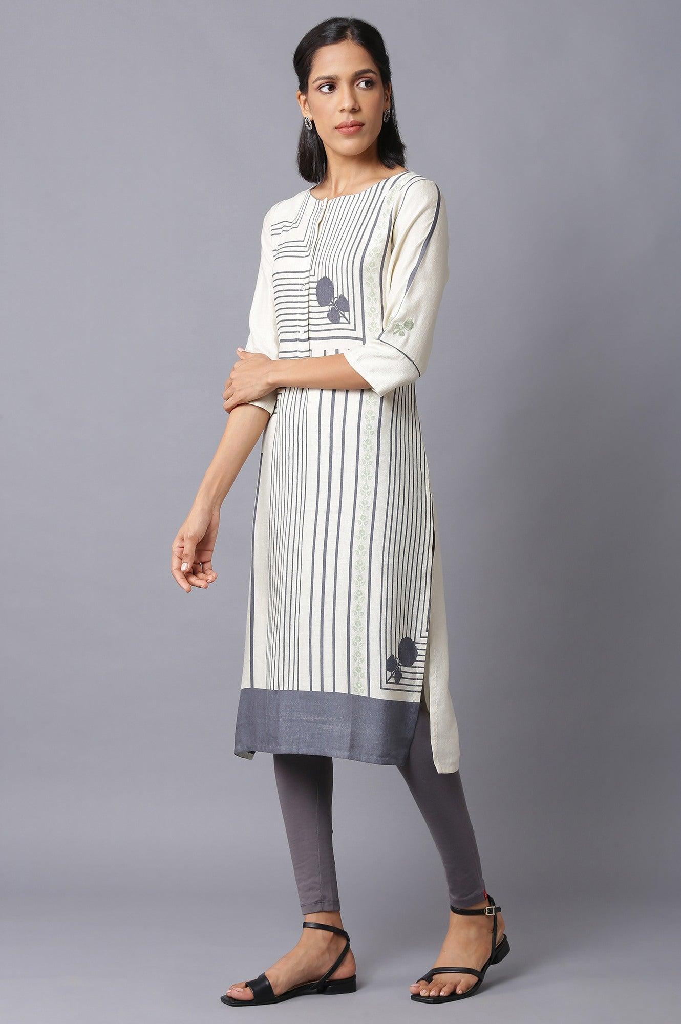 Ecru Straight Printed kurta - wforwoman