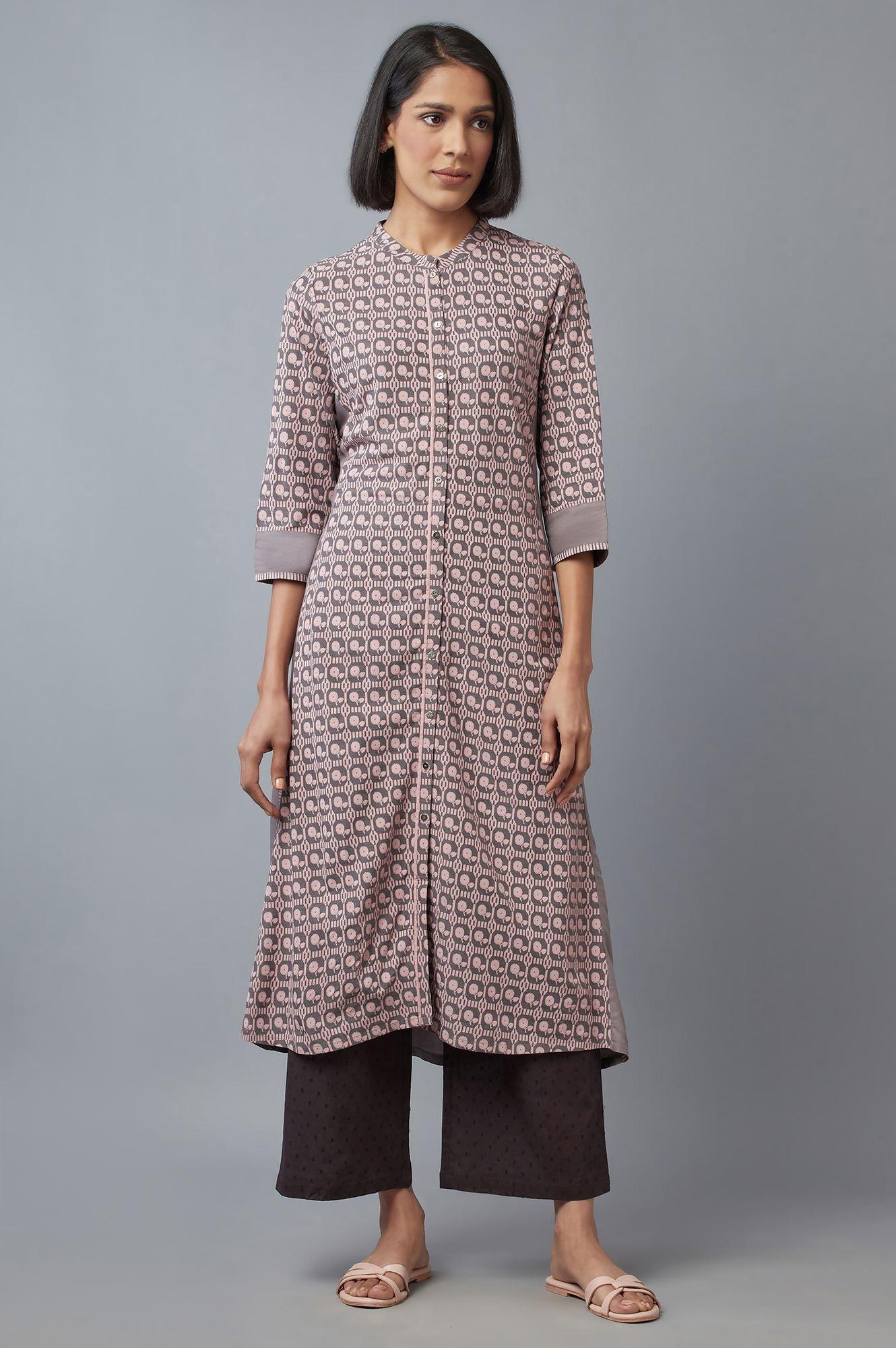 Pink and Grey Printed kurta - wforwoman