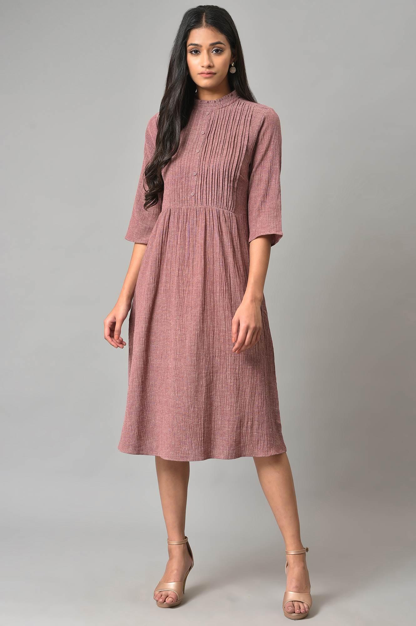 Dark Pink A-Line Cotton Dress With Pintucks - wforwoman