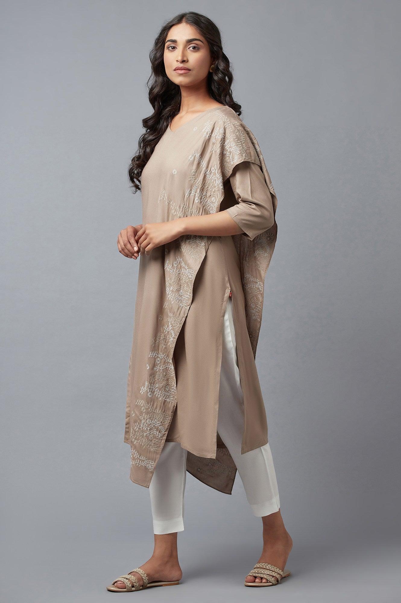 Beige Saree draped kurta In V-Neck With Thread Embroidery - wforwoman