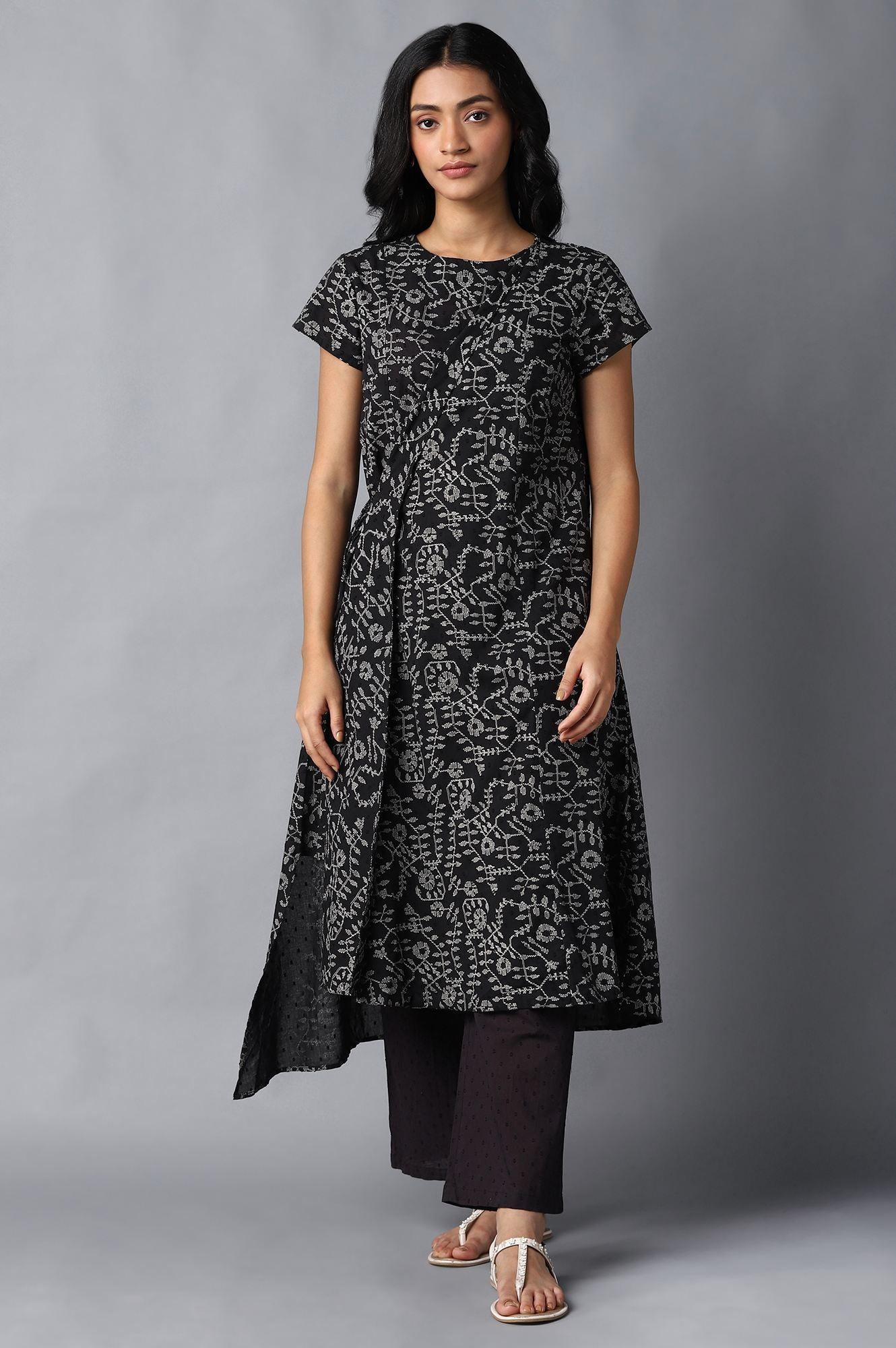 Black Angrakha Cotton kurta In Round Neck - wforwoman