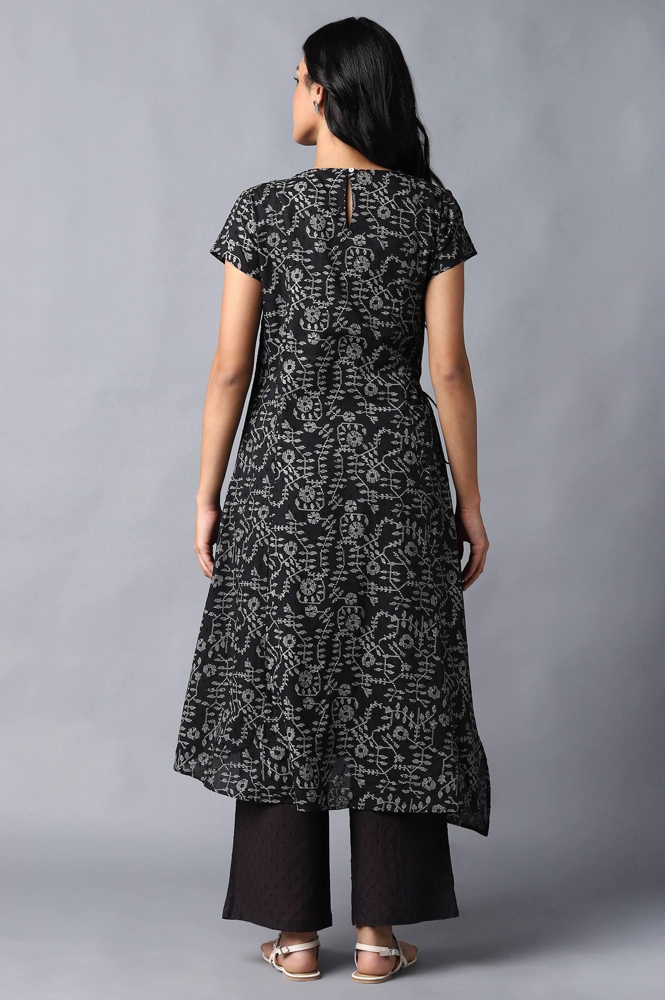 Black Angrakha Cotton kurta In Round Neck - wforwoman
