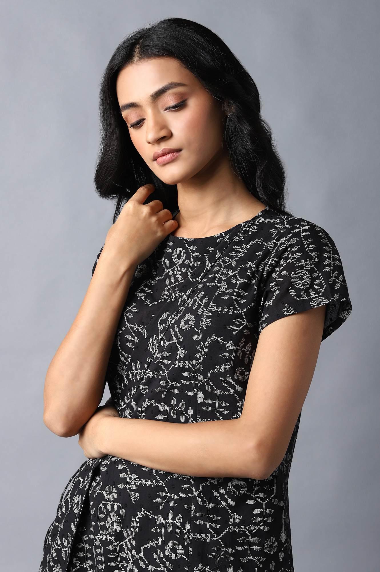 Black Angrakha Cotton kurta In Round Neck - wforwoman