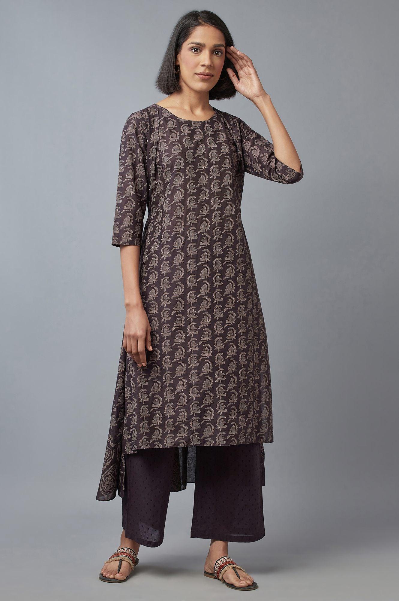 Dark Brown Cotton Paisley Print kurta in Round Neck - wforwoman
