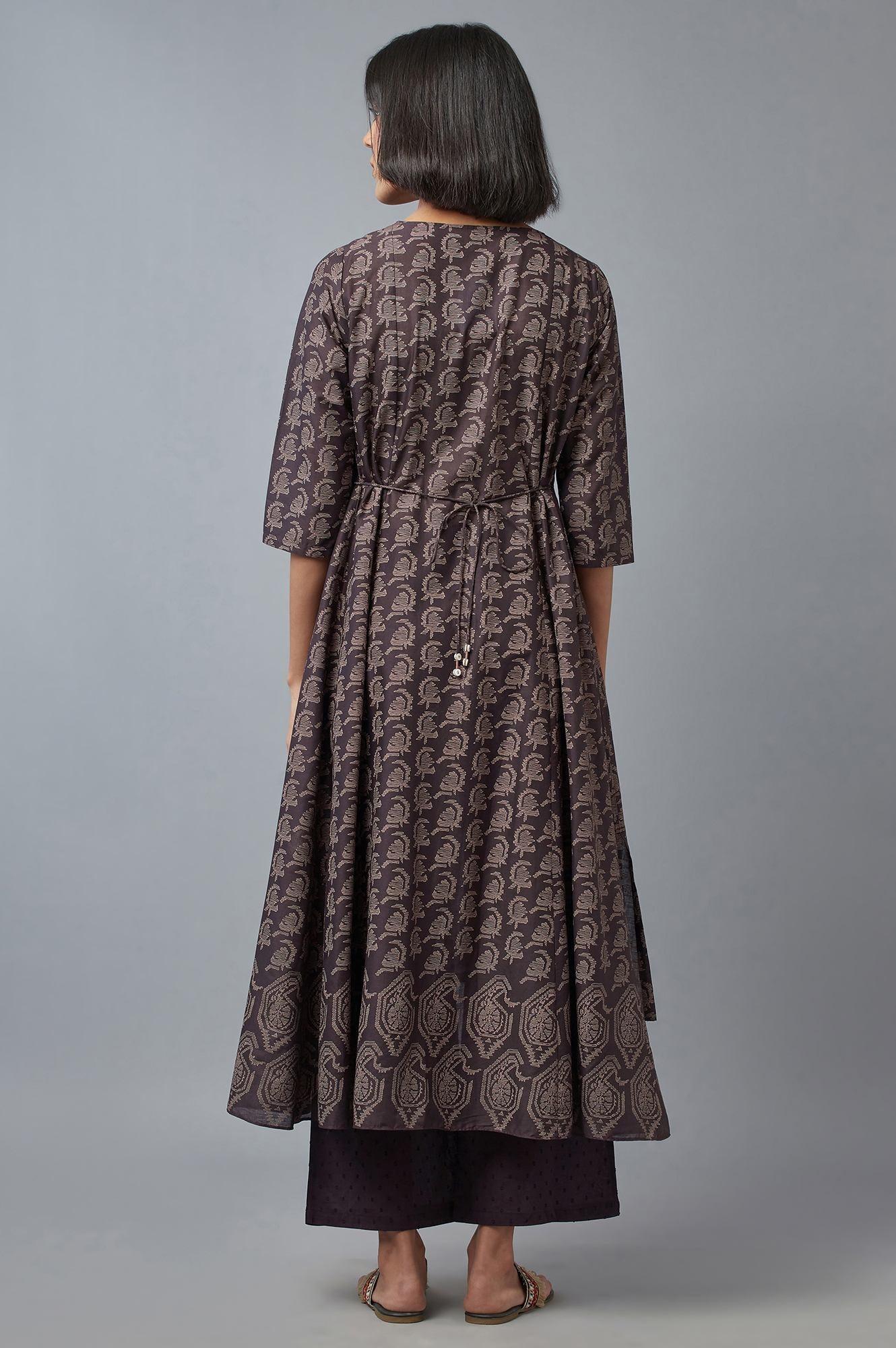 Dark Brown Cotton Paisley Print kurta in Round Neck - wforwoman