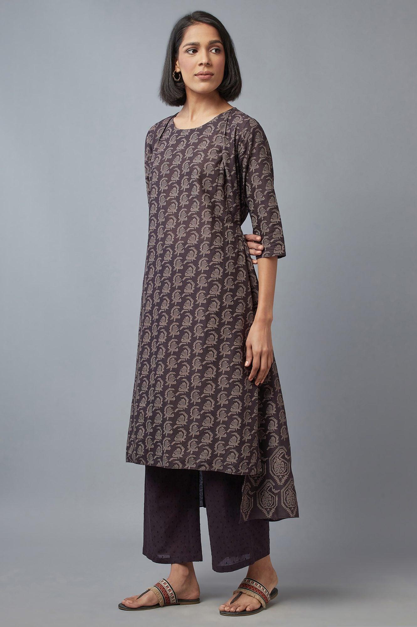 Dark Brown Cotton Paisley Print kurta in Round Neck - wforwoman
