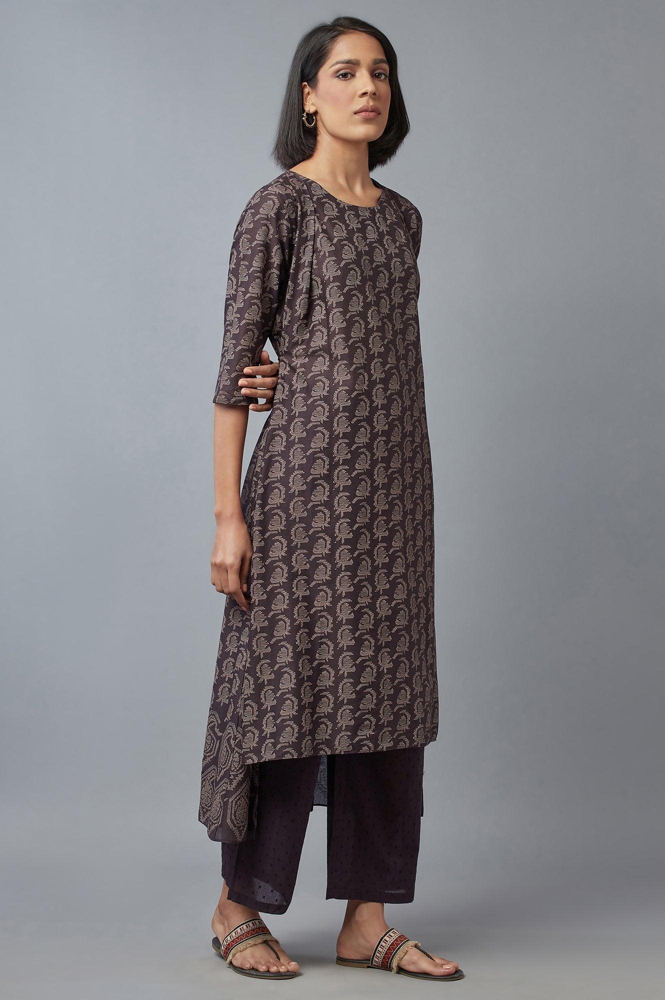 Dark Brown Cotton Paisley Print kurta in Round Neck - wforwoman