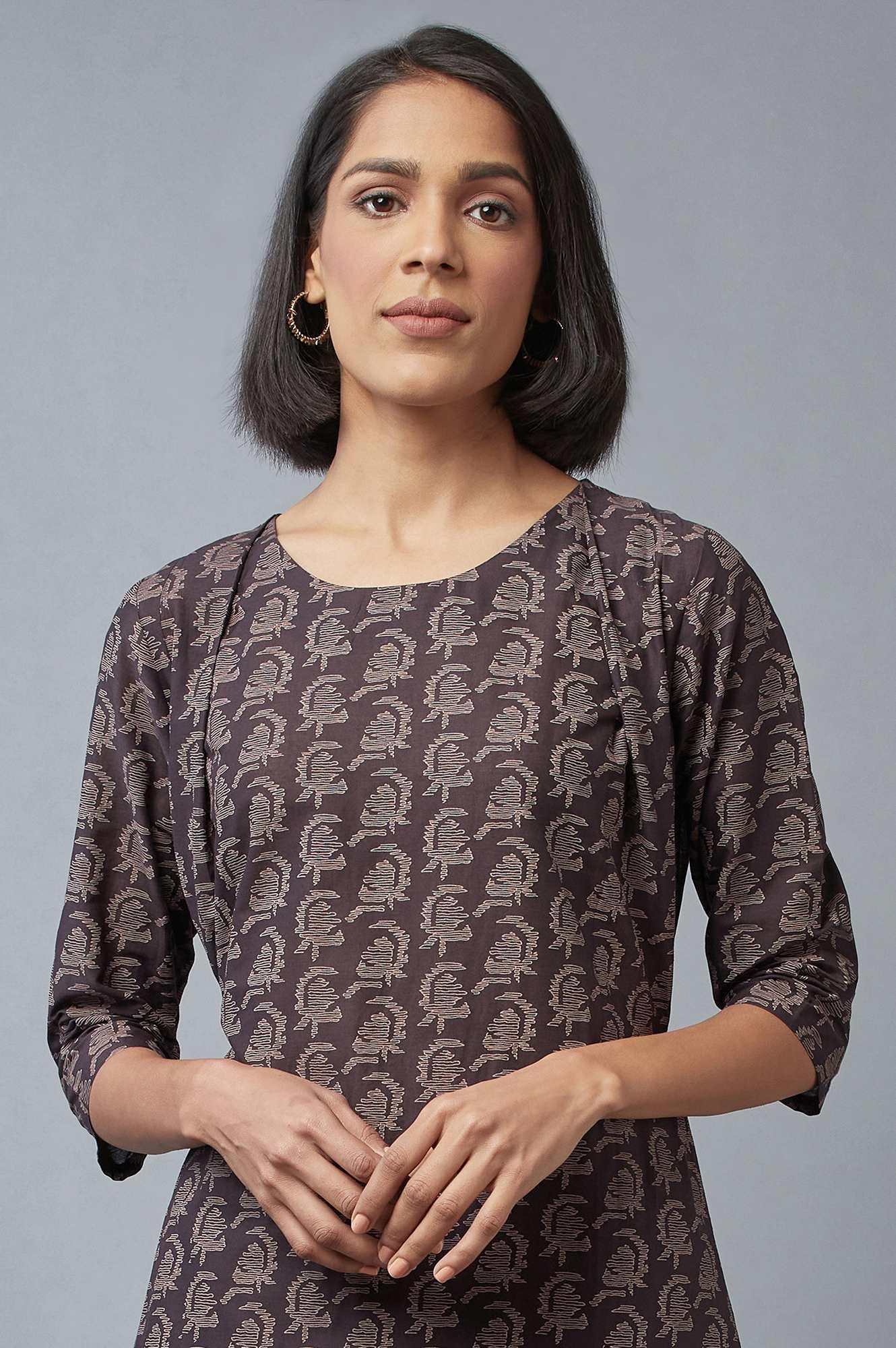 Dark Brown Cotton Paisley Print kurta in Round Neck - wforwoman