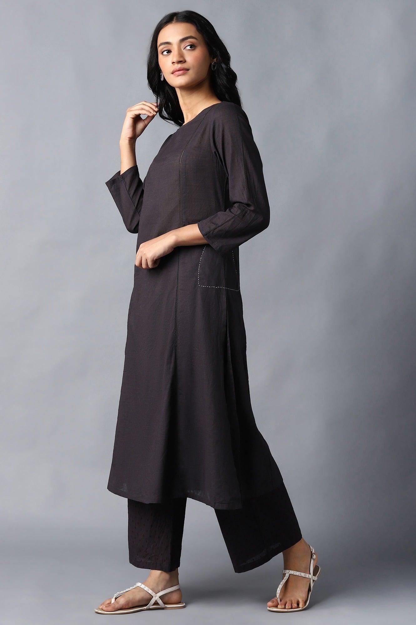 Dark Brown Classic A-Line kurta With Kantha In Round Neck - wforwoman