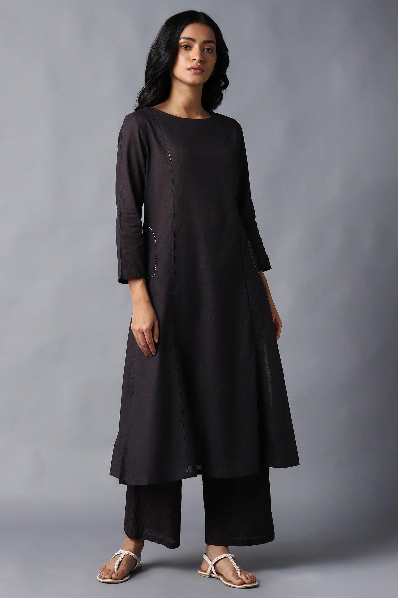 Dark Brown Classic A-Line kurta With Kantha In Round Neck - wforwoman