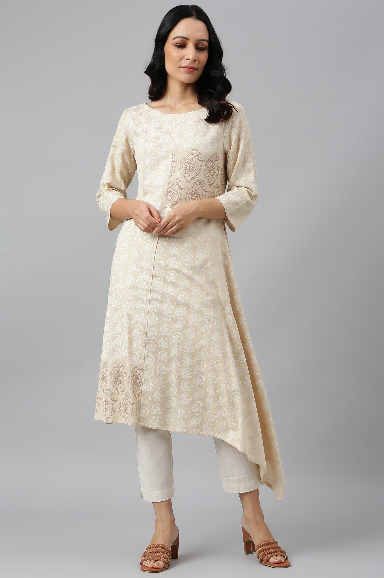 Beige Asymmetric Paisley Print kurta In Boat Neck - wforwoman