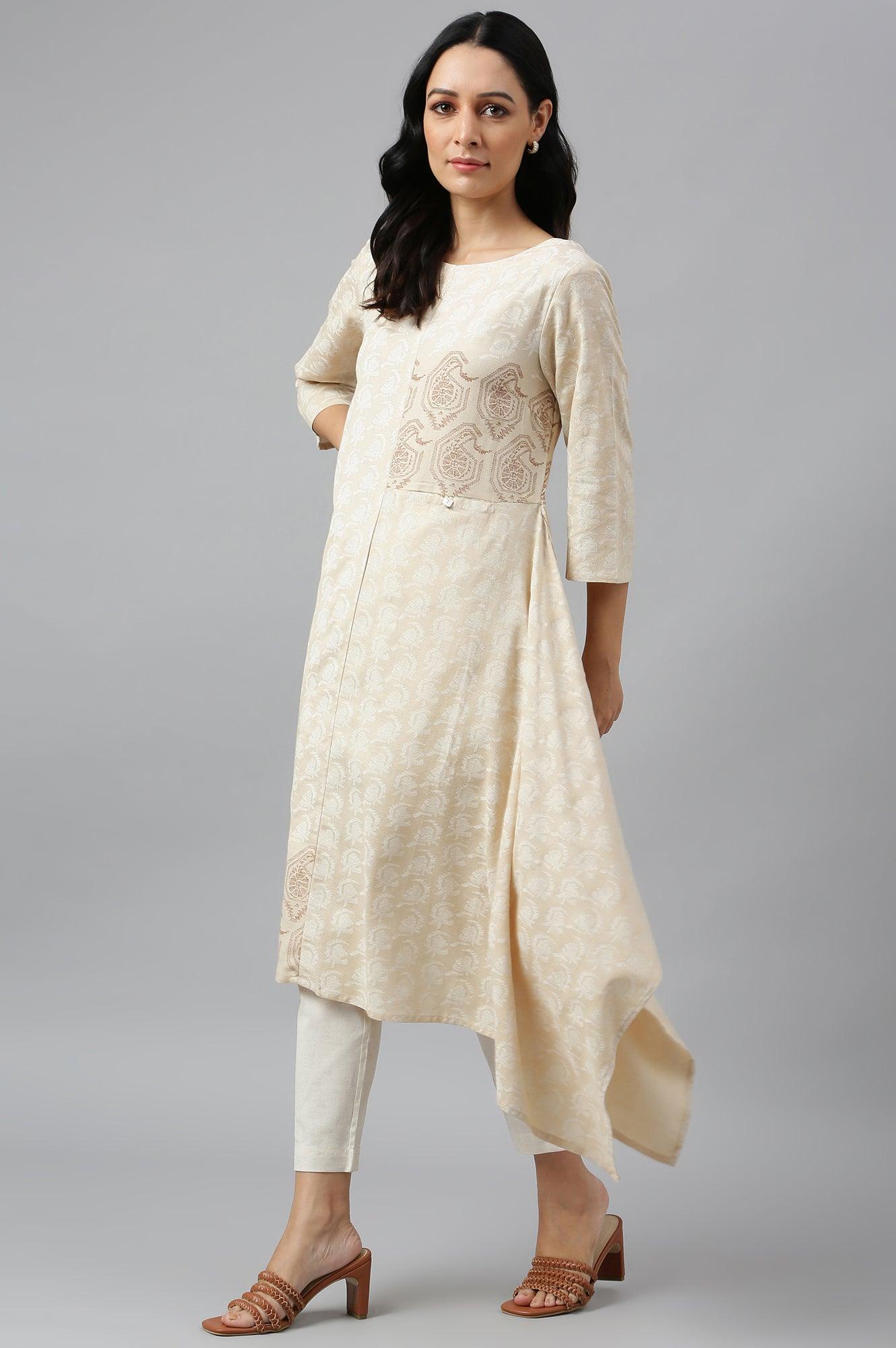 Beige Asymmetric Paisley Print kurta In Boat Neck - wforwoman
