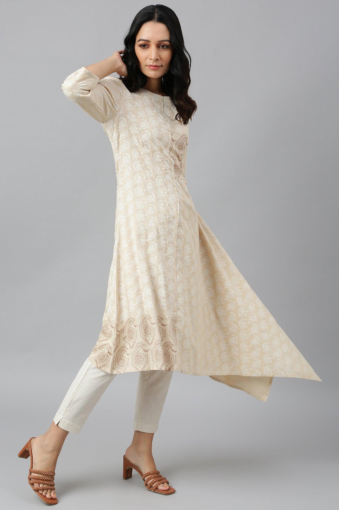 Beige Asymmetric Paisley Print kurta In Boat Neck - wforwoman