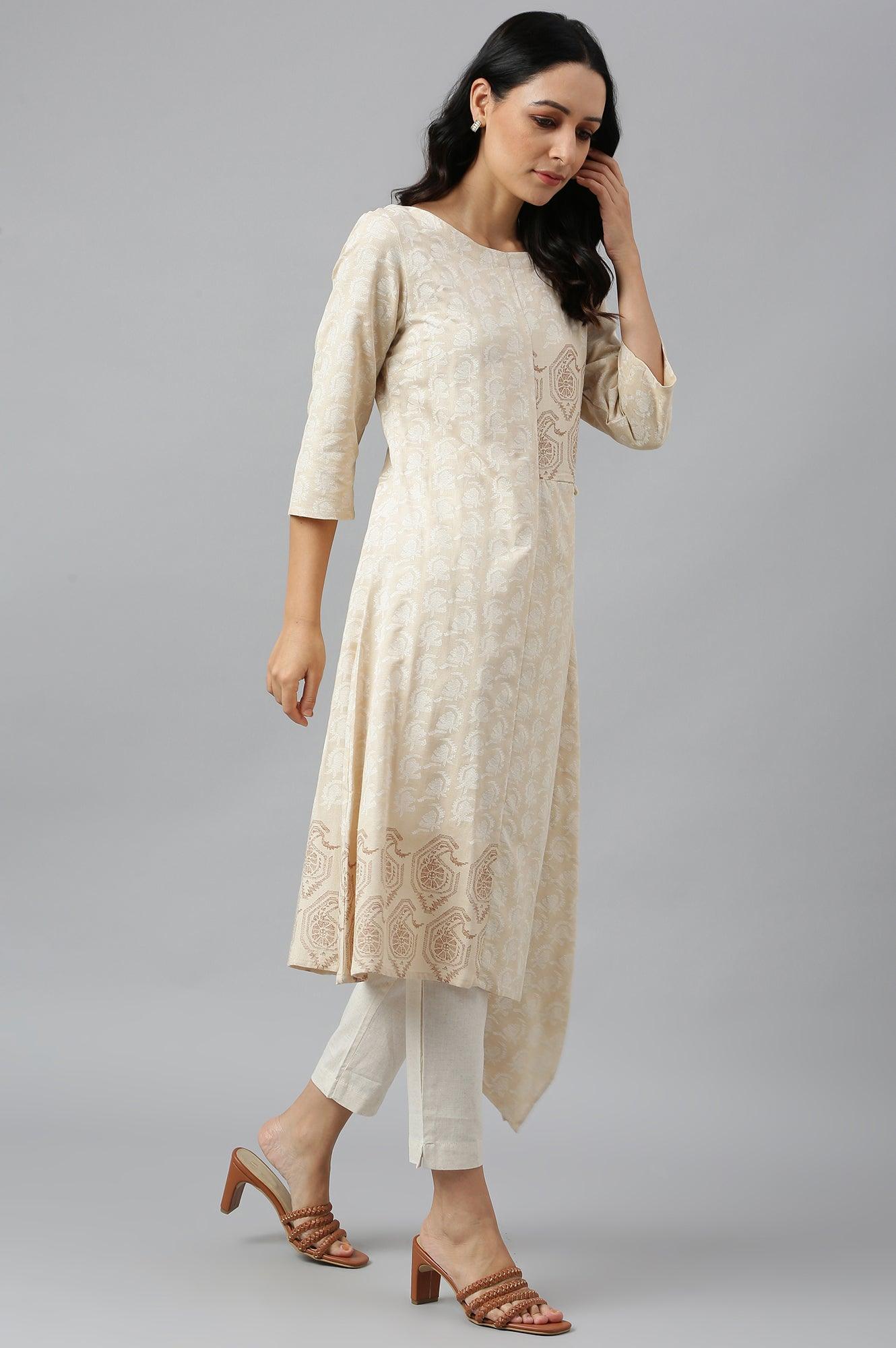 Beige Asymmetric Paisley Print kurta In Boat Neck - wforwoman