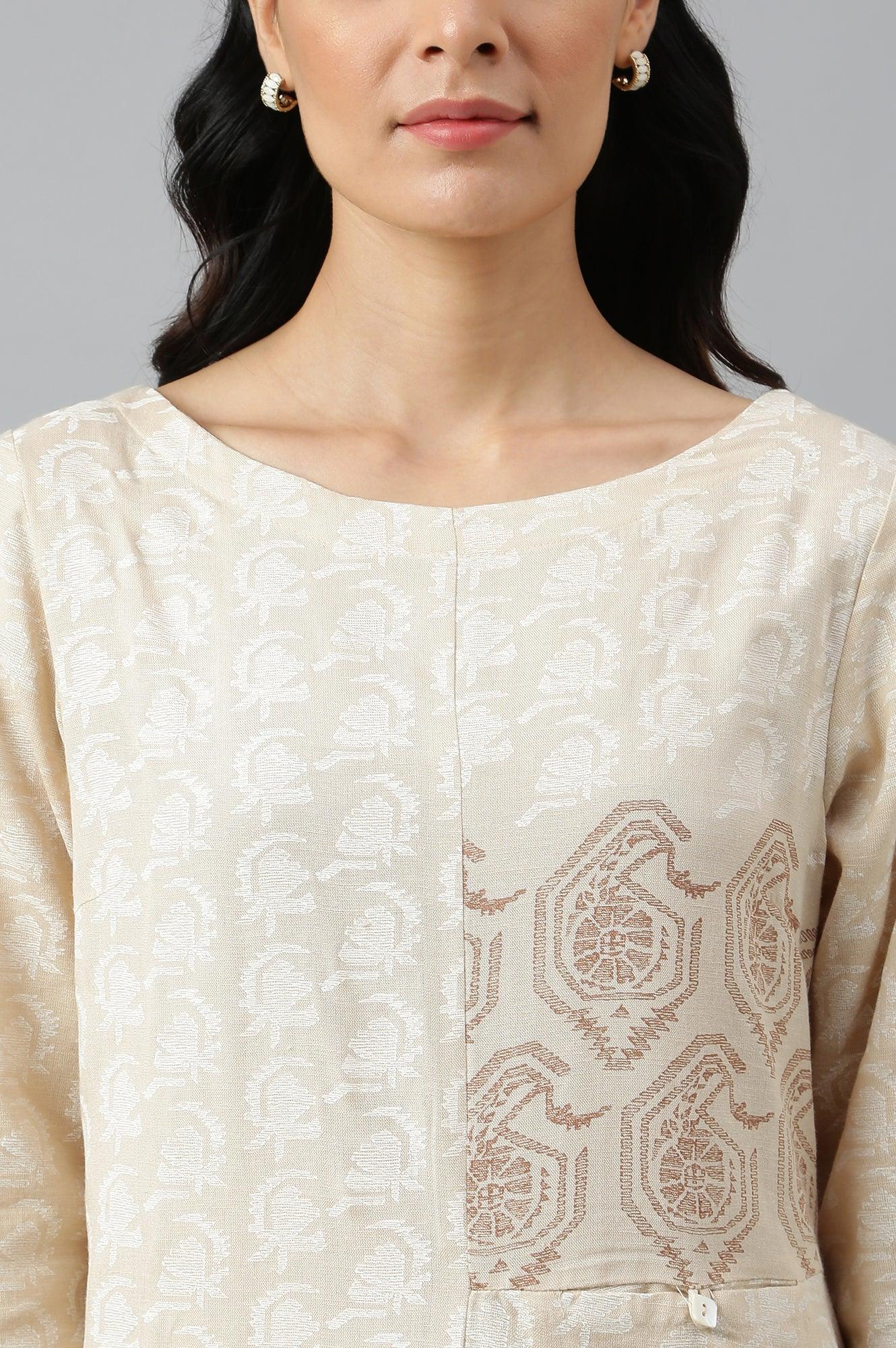 Beige Asymmetric Paisley Print kurta In Boat Neck - wforwoman