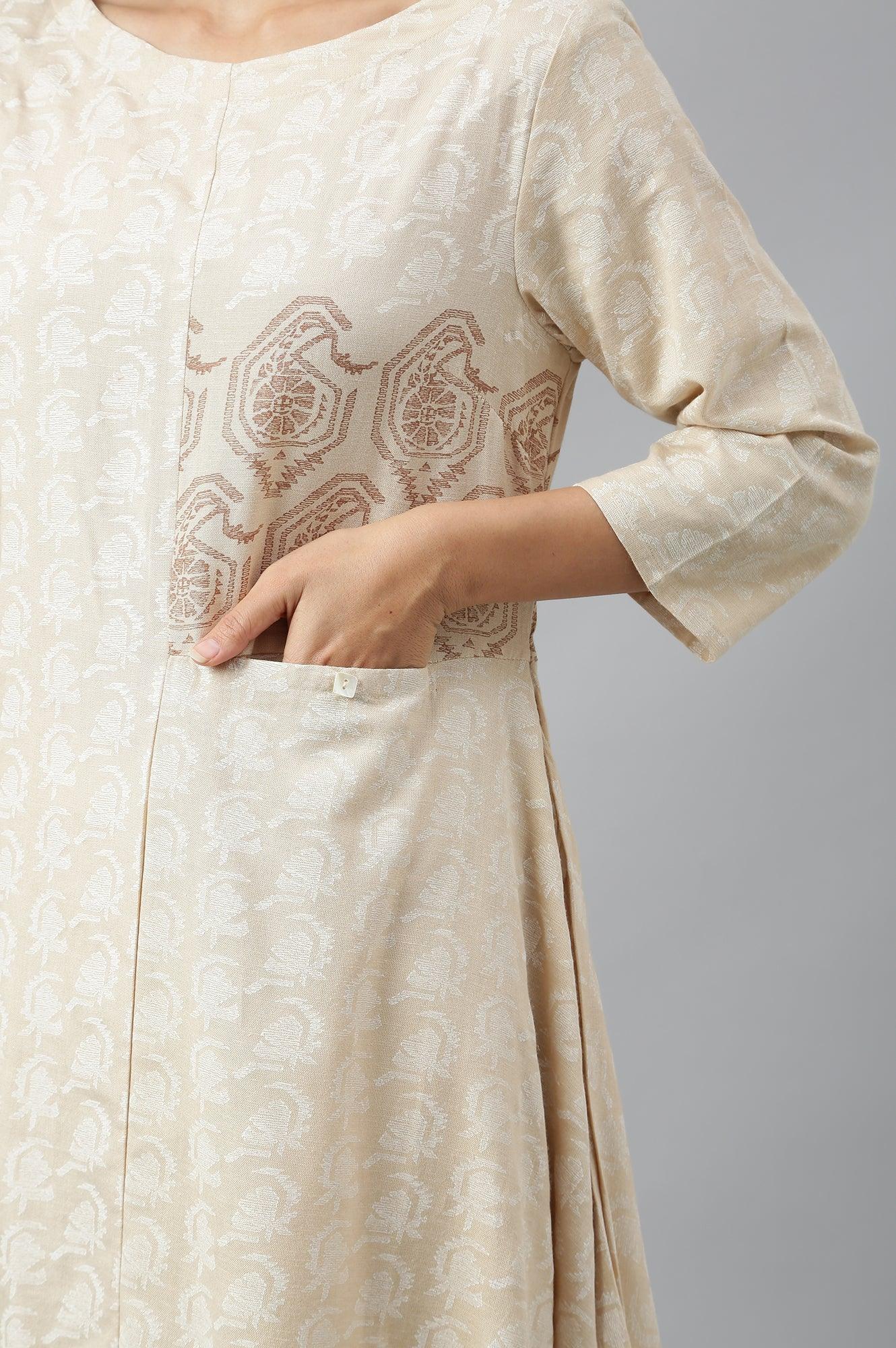 Beige Asymmetric Paisley Print kurta In Boat Neck - wforwoman