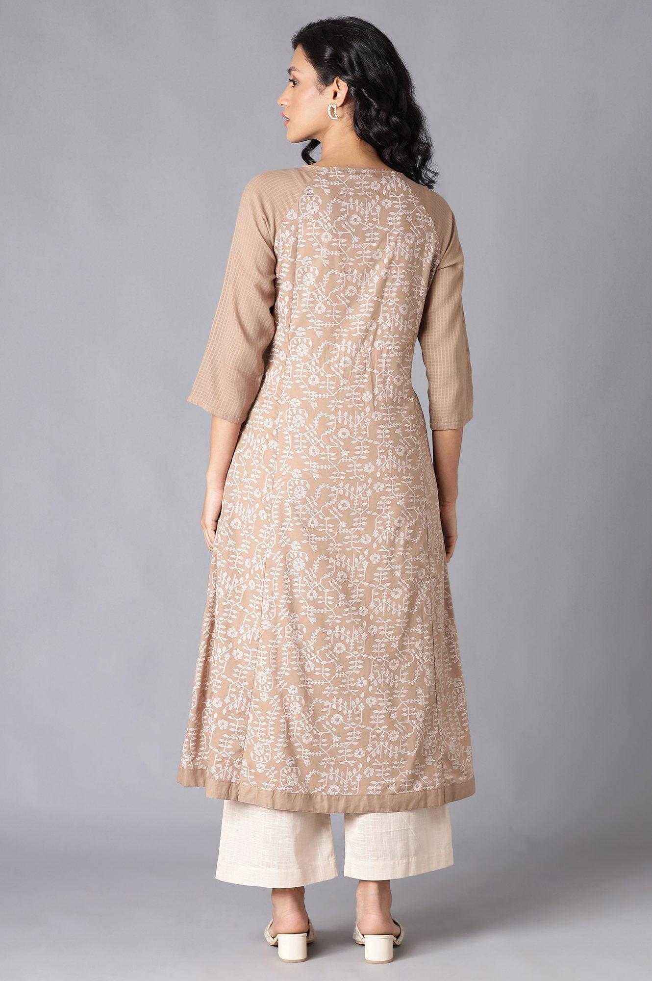 Beige Floral Print Raglan Sleeve kurta In Round Neck - wforwoman