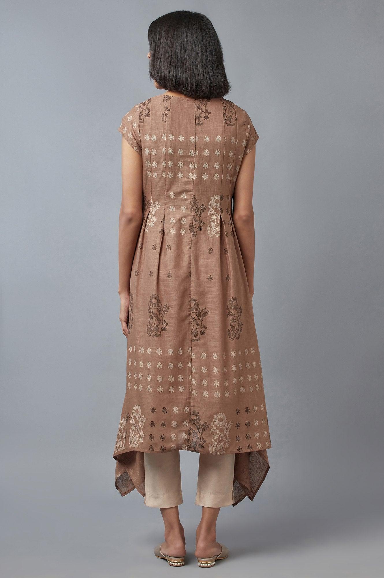 Beige Flared kurta In Floral Print and Side Dipped Hemline - wforwoman