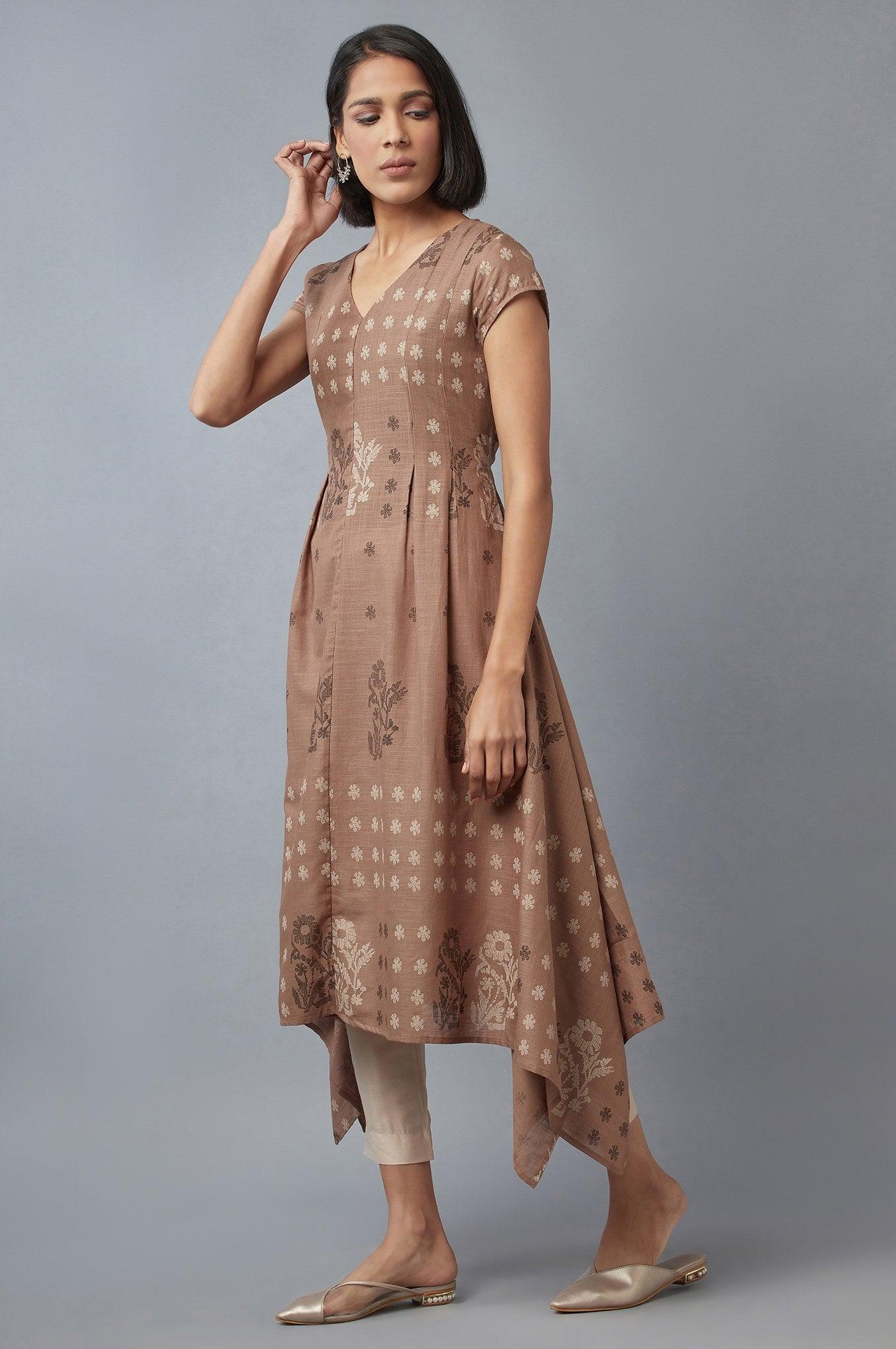Beige Flared kurta In Floral Print and Side Dipped Hemline - wforwoman