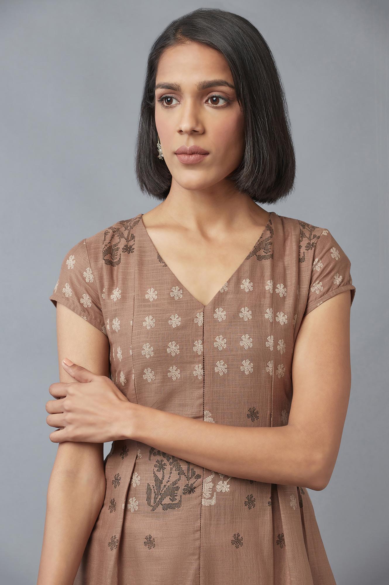 Beige Flared kurta In Floral Print and Side Dipped Hemline - wforwoman