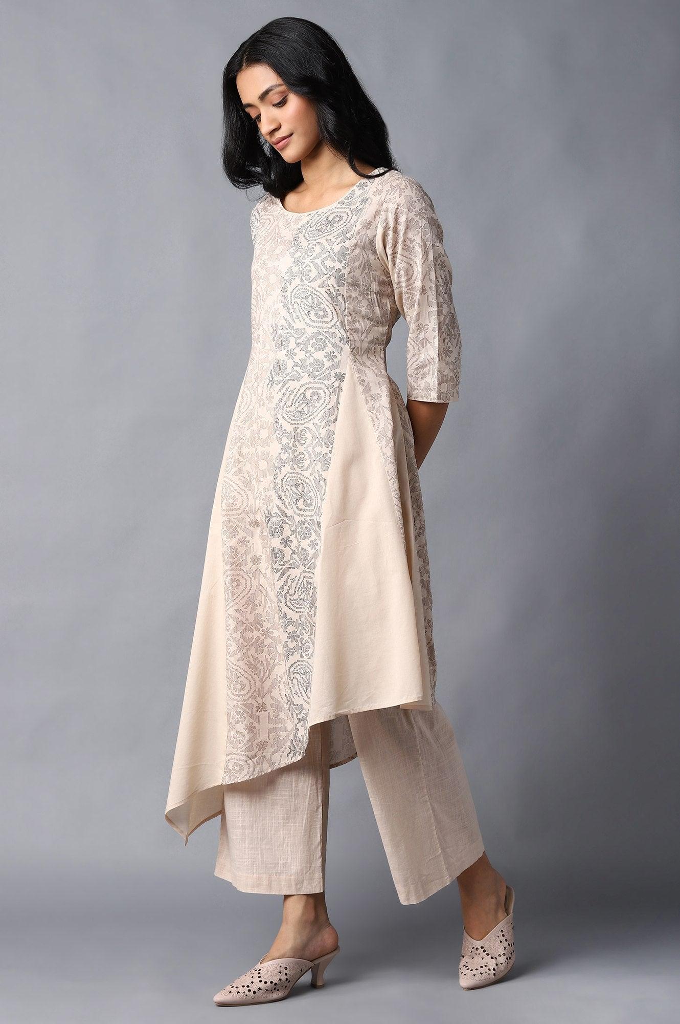 Beige Colour Blocked Asymmetric kurta In Floral Print And Round Neck - wforwoman
