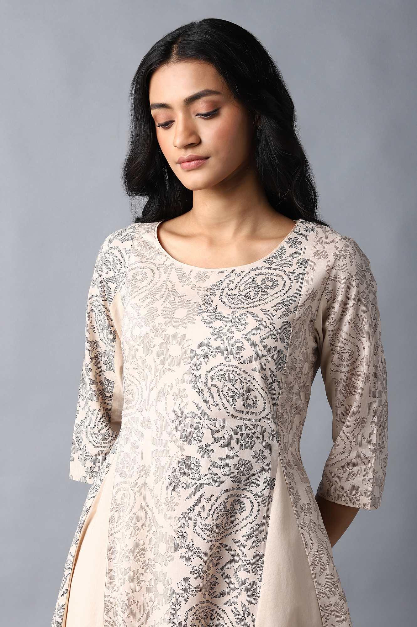 Beige Colour Blocked Asymmetric kurta In Floral Print And Round Neck - wforwoman
