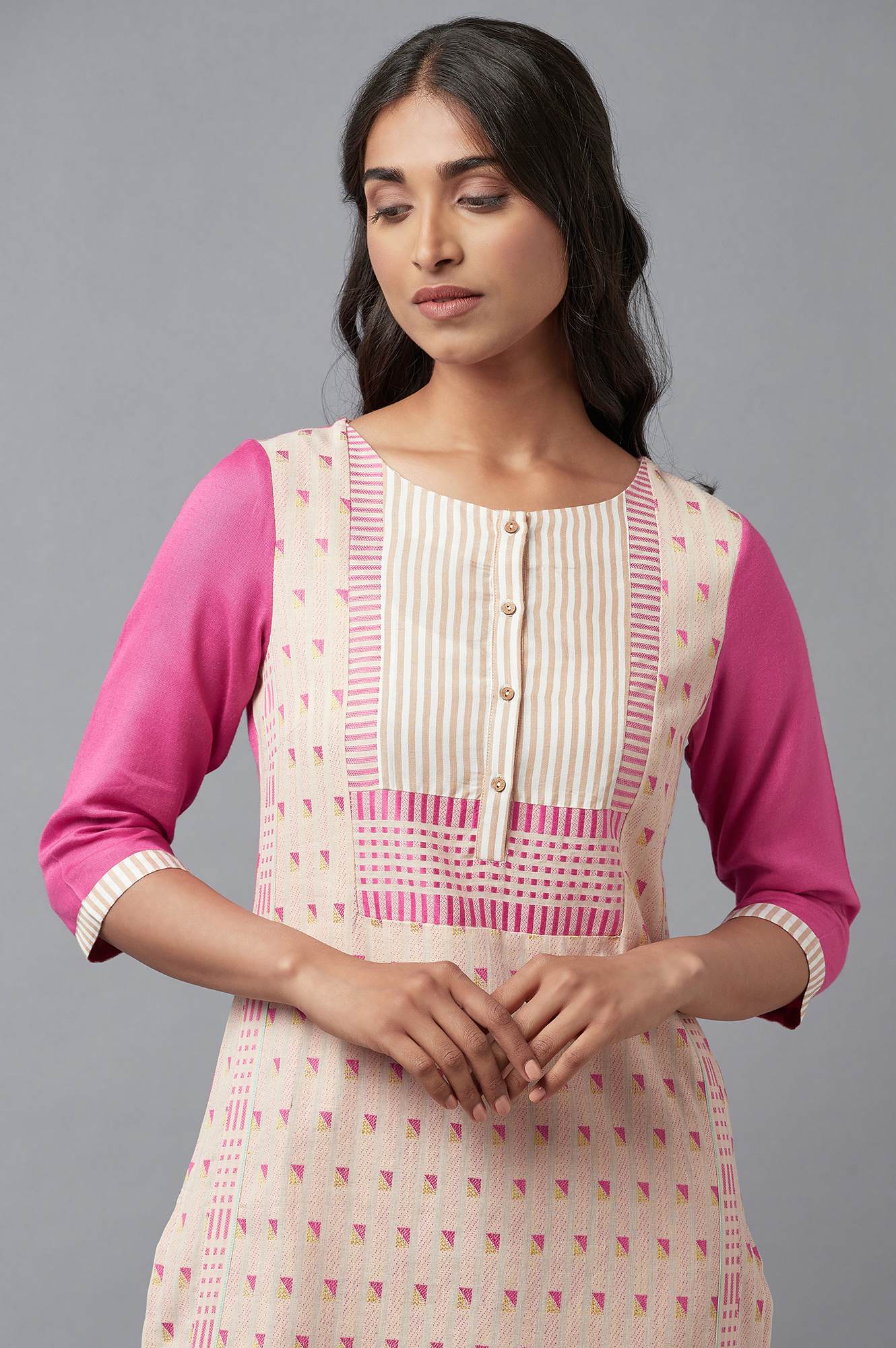 Light Pink Cotton Dobby kurta In Round Neck