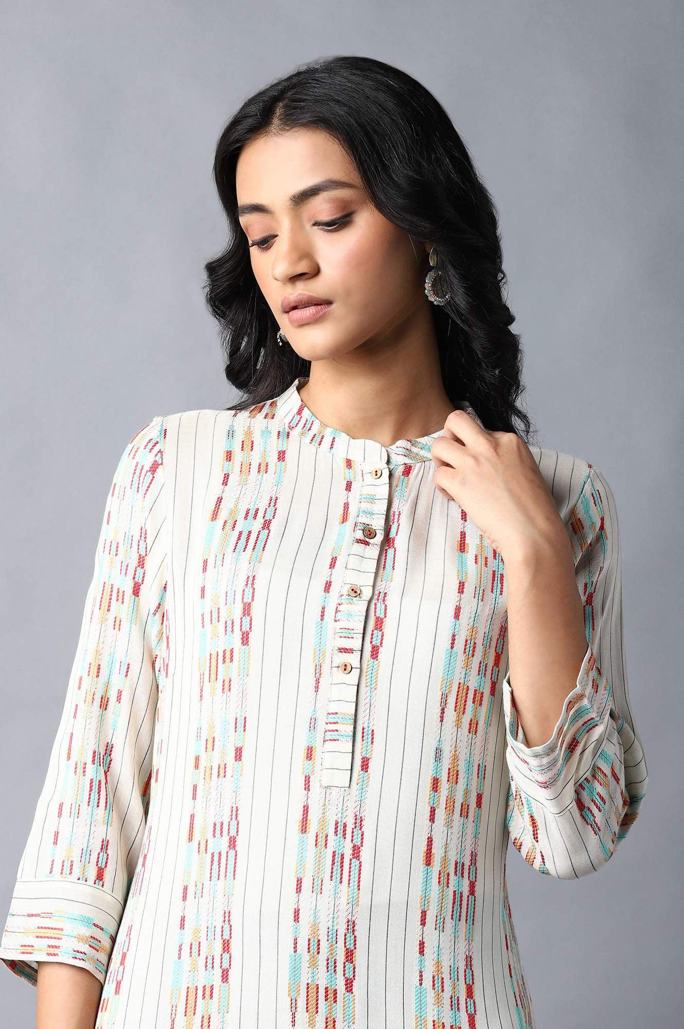 Ecru Dobby kurta With Multicolour Print - wforwoman