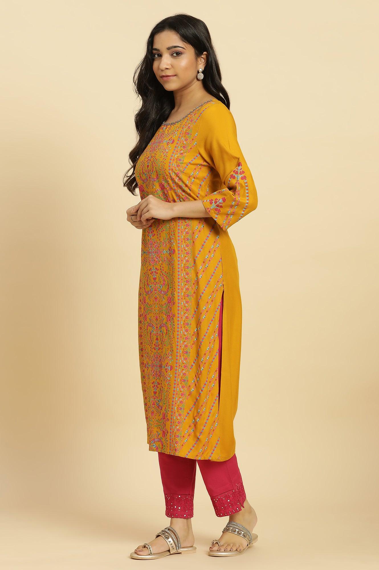 Mustard Yellow Floral Pleated Kurta In Round Neck - wforwoman