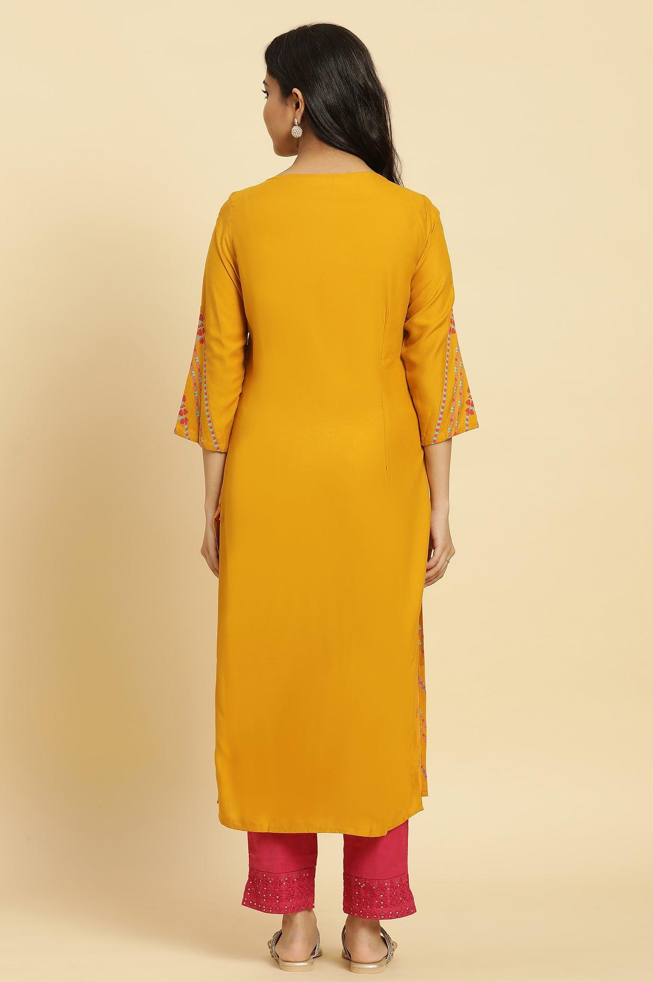 Mustard Yellow Floral Pleated Kurta In Round Neck - wforwoman