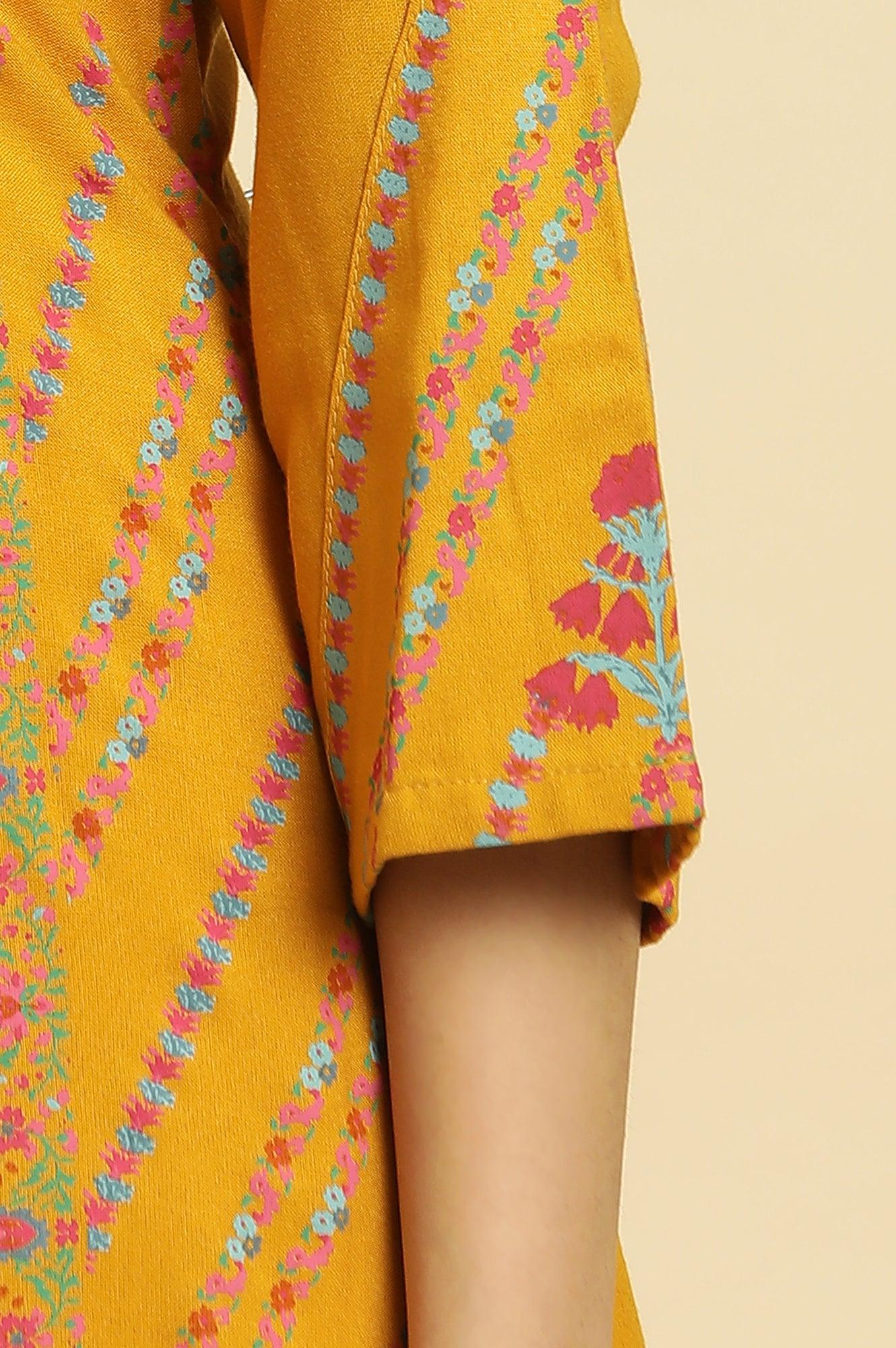 Mustard Yellow Floral Pleated Kurta In Round Neck - wforwoman