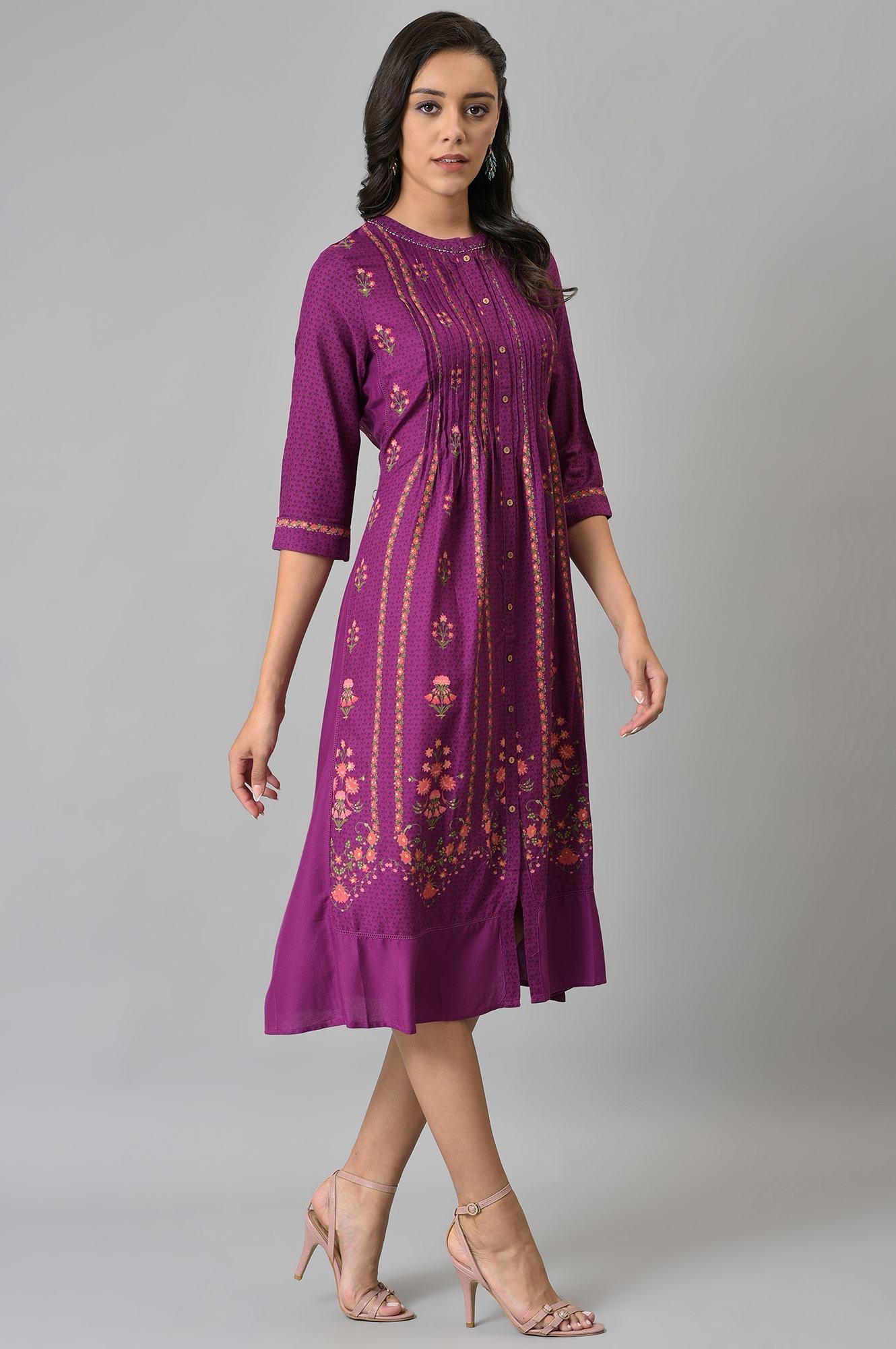Dark Purple Floral Button Down Dress With Bead Work - wforwoman