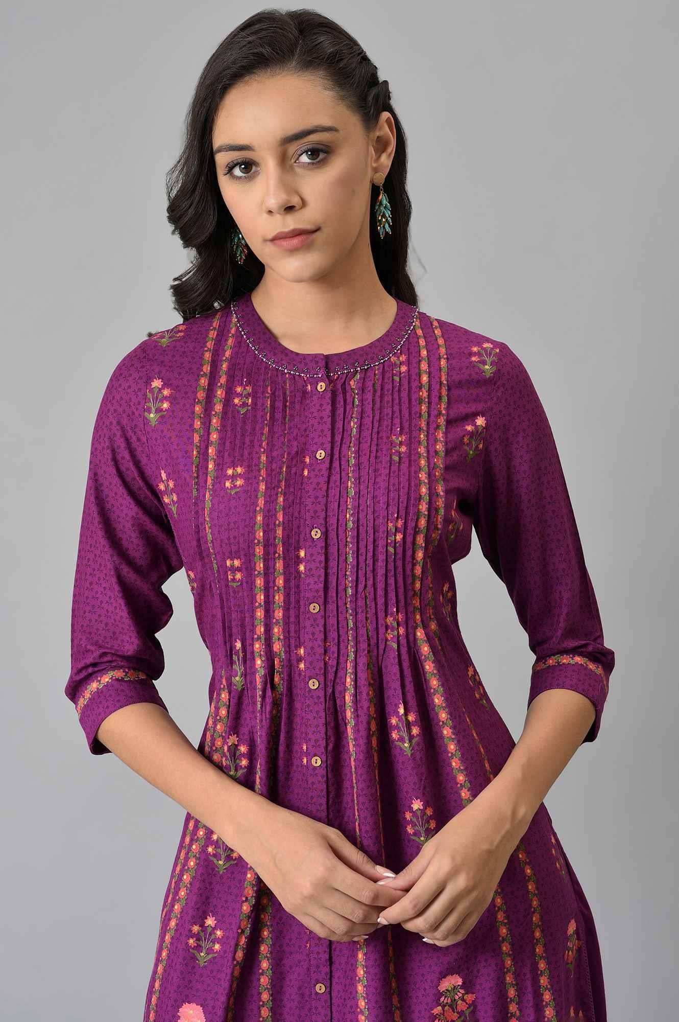 Dark Purple Floral Button Down Dress With Bead Work - wforwoman