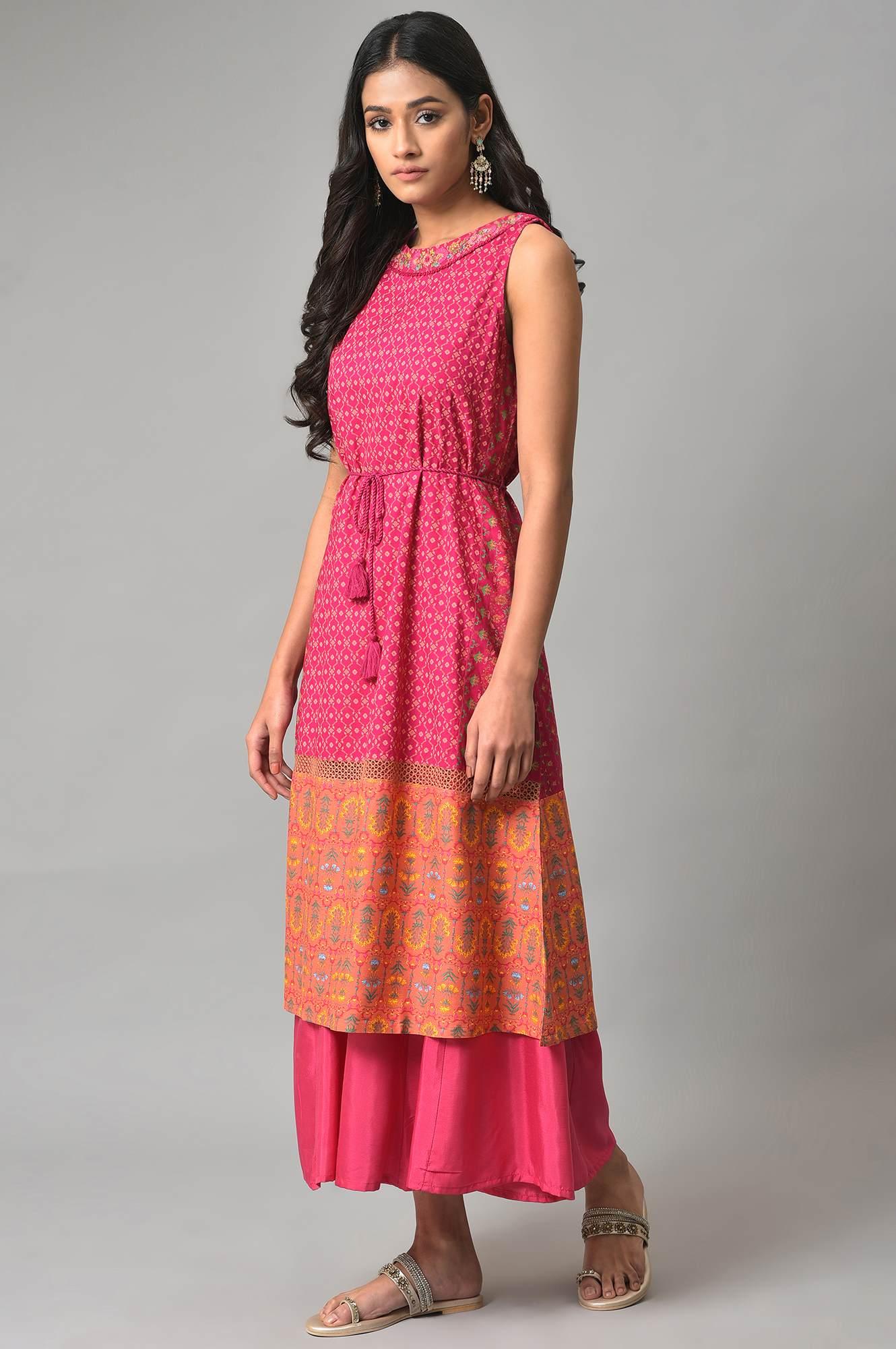 Dark Pink Sleeveless A-Line Dress With Embroidery - wforwoman